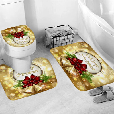 

Gobestart 3Pcs Christmas shower Curtain Bathroom Anti-slip Carpet Rug Toilet Cover Mat Set