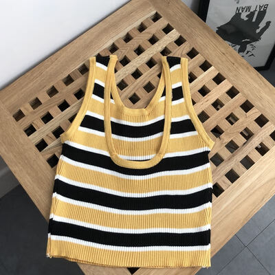 

Ladies Vintage Contrast Round Neck Sleeveless Top Stripe Ribbed Summer Knit Ms Mini Vest Summer