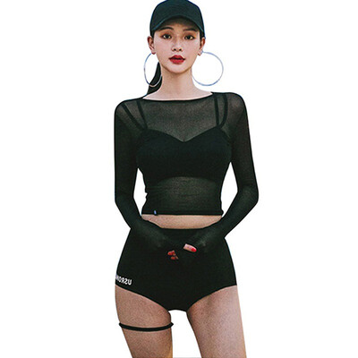 

Women Sweet Mesh Perspective Solid Color High Split Elastic Waist Long Sleeve Three-Piece Sports Sunscreen Swimsuit Black Bikini
