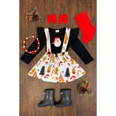 

UK Toddler Kid Baby Girls Christmas Skirt Outfit Santa Tops Strap Dress Overalls