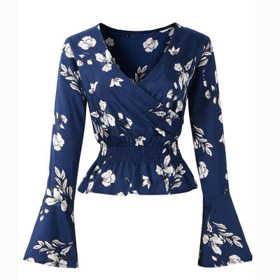 

Casual Long Sleeve Women Blouse&Tops Floral Print Shirts New Autumn Women Shirt Flare Sleeve V-Neck Tops For Women