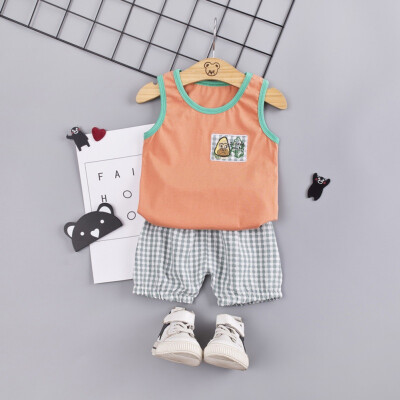 

2PcsSet Summer Children Baby Boys Girls Casual Sleeveless Cartoon Animal Print Vest TopsPlaid Shorts Suits Costume Set