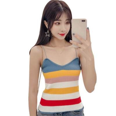 

Korean Version Of The Color Stripes Sexy Fresh Color Strip Knit Camisole Bottoming Vest