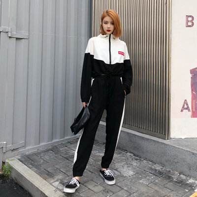 

Autumn New Loose Casual Color Patchwork Women Sets Hip Hop Style Crop Top Harlan Pants 2 Pieces Sets -XL