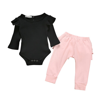

Autumn Baby Girl Casual Solid Print Long Sleeve Cotton Romper Tops Pants Outfits Set