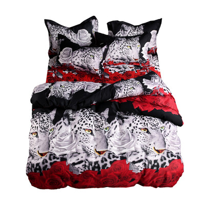 

4pcsset Queen Bedding Set 3D Animal Leopard & Rose Printed Pattern Duvet Cover & Bed Sheet & 2pcs Pillowcase Bedclothes Bedroom D
