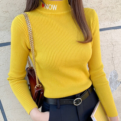 

2019 Autumn winter Women Knitted Turtleneck Sweater Slim Letter Knitwear Jumper Fashion Pull Femme Soft Elasticity Pullover