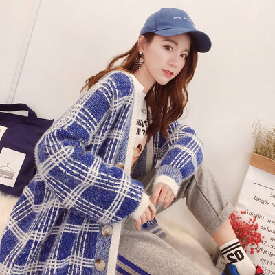 

2018 spring&winter Korea version new loose fashion plaid sweater knitted cardigan long sleeve large size coat