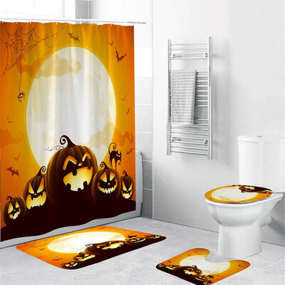 

〖Follure〗Halloween festival 4PCS Non Slip Toilet Polyester Cover Mat Set Bathroom Curtain