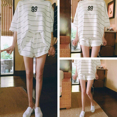 

Women Summer Loose Simple Stripes Print Short-sleeved Tops Drawstring Short Two-Piece Suit