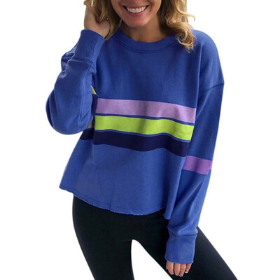 

Women Autumn Round Collar Patchwork Striped Causal Loose Long Sleeve Simple Wild Pullover