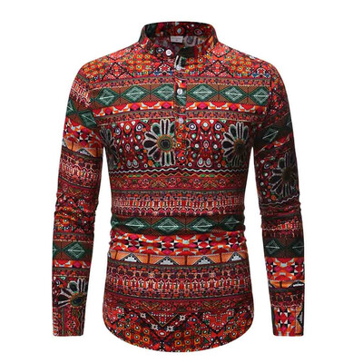 

Tailored Mens Ethnic Long Sleeve Casual Cotton Linen Printing Hawaiian Shirt Blouse