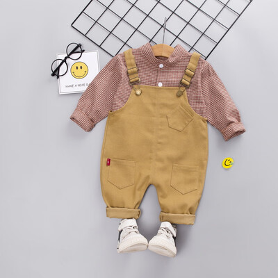 

Autumn Baby Boy Clothes Cute Plaid Print Fashion Long Sleeve Shirt Blouse Suspenders Trousers Casual Kids Clothes Spring 2pcs