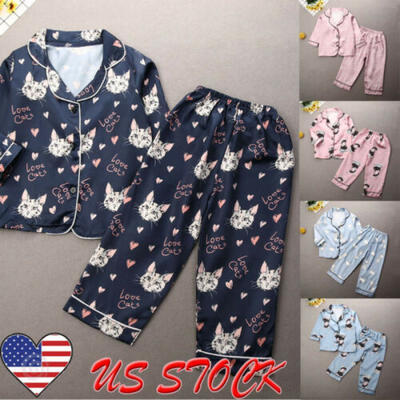 

Kids Baby Long Sleeve Satin Silk Pajamas Set Casual Nightwear Sleepwear Homewear