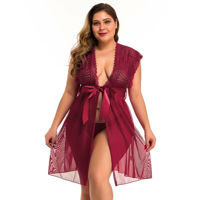 

Gobestart New Women Plus Size Contrast Lace Bow V-Neck Backless Dress Lingerie With Thong