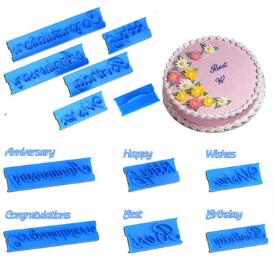 

6pcs Set Handwriting Fondant Cake Embosser Letters Printing Mold Happy Birthday Best Wishes Anniversary Cookie Mold Cutter