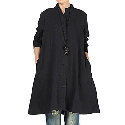 

Women Autumn Concise Casual All-match Dress Solid Color Loose Button-down Long Sleeve Dress