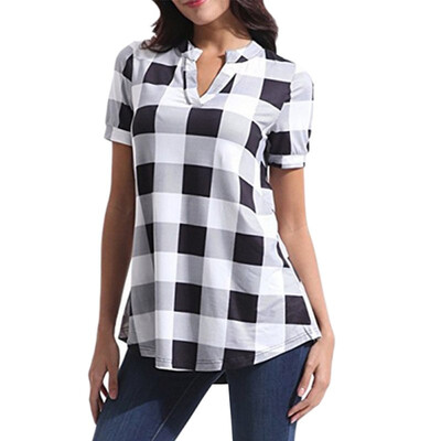 

2019 New Arrival Women Shirts Fashion Plaid Printed Short Sleeve V-Neck Irregular Hem Blouse Ladies Blouses Female blusas mujer