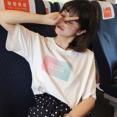 

T-shirts Women Vintage Letter Printed Casual White Cotton All Match 2019 New Fashion Basic Short Sleeve Female Loose Tops