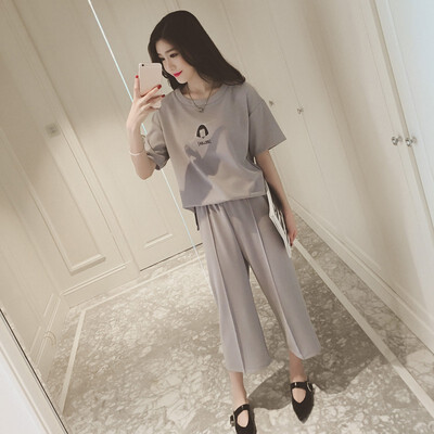 

Women High-Waist Solid Wide-Leg Pants Short-Sleeve Top Two-Piece Fashion Women O Neck Casual Two Piece Set
