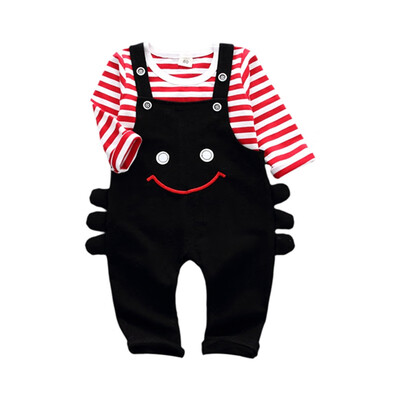 

2pcs Baby Boy Bib Pants Hoodie Suit Long Sleeve Striped Shirt Suspender Straps Cartoon Long Pants Trousers Children New