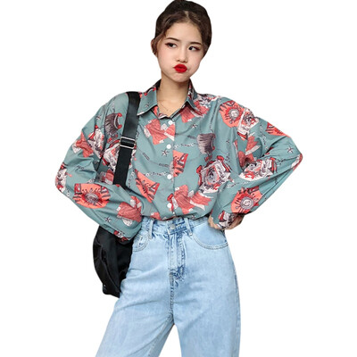 

Women Loose Lapel Shirt Casual Blouses Fashion Printed Long-sleeved Shirt Female Blosues