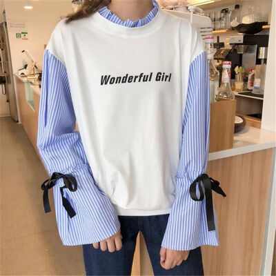 

Women 2018 Autumn Winter Sweatshirt Striped Long Flare Sleeve Sweatshirt "Wonderful Girl"Printed Ruffled Collar Pullovers Tops
