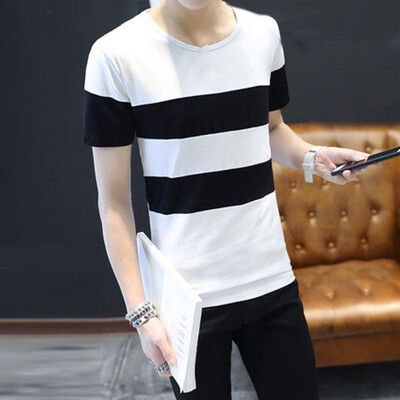 

Mens Casual Short Sleeves Slim Fit Tops Shirt Crew Neck Stripe Print Basic Tee