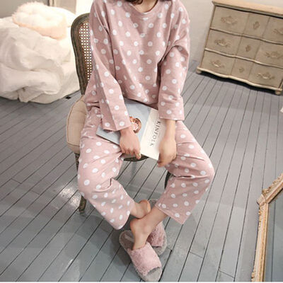 

Women Lovely Autumn Sleepwear Cute Wave Dot Print Long Sleeved Female Tops Womens Long Pants Two pieces Sets