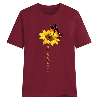 

Never Give Up Letter Butterfly Sunflower Short Sleeve T-Shirt Women Summer Top