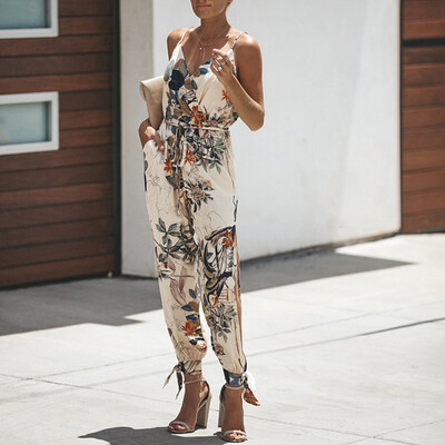 

EFINNY Womens Spaghetti Strap V Neck Floral Print Jumpsuit Split Beam Foot Pants Jumpsuit Rompers Lace Up Woman Jumpsuits