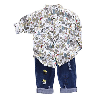 

Autumn Children Baby Boys Casual Long Sleeve Floral Pattern Shirt TopsDenim Pants Set