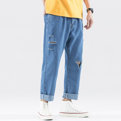 

Gobestart Mens Loose Denim Cotton Straight Hole Trouser Distressed Jeans Long Pants