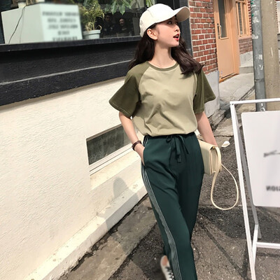 

Womens Sweet Fashion O-Neck Color Block T-Shirt Top Ankle-Length Striped Pants 2 Pieces Set