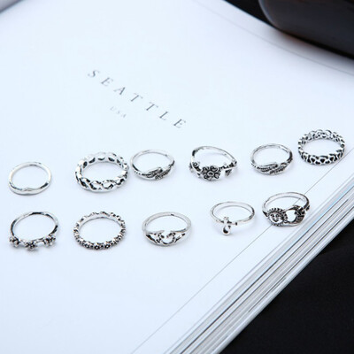 

Bohemia New Flower Alloy Leaves 11 Sets Of Rings Hollow Moon Sets Tail Ring Stainless Steel Rings For Women