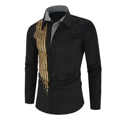 

Toponeto Mens Autumn Splicing Business Leisure Printing Long-sleeved Shirt Top Blouse