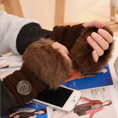 

Women Winter Faux Fur Warm Fingerless Gloves Ladies Fashion Half Finger Mittens