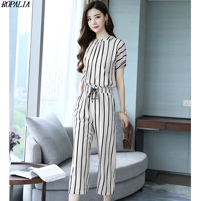 

Womens Fashion Korean Style Striped T-Shirt Loose Calf-Length Wide Leg Pants Set Short Sleeves O-Neck Pullover Elastic Waist