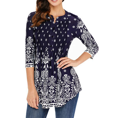 

2XL Womens Tops&Blouses Tunic Floral Print Three Quarter Sleeves Top Vintage Casual Long Tee Shirts Women Clothes