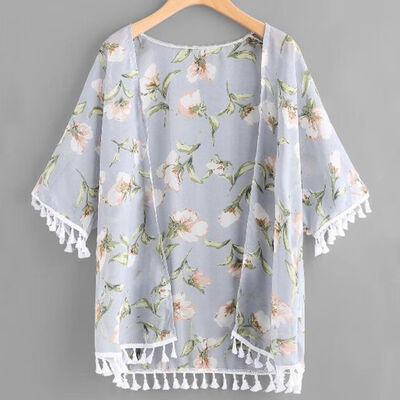 

Print Chiffon Sunscreen Beach Wear Bloues Shirts Casual Spliced Chiffon Bloues