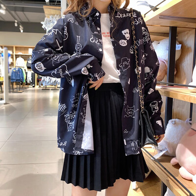 

Cute Graffiti Design Shirt Summer Fall Long Sleeve Turn-Down Collar Loose Womens Shirt High Streestwear Shirt
