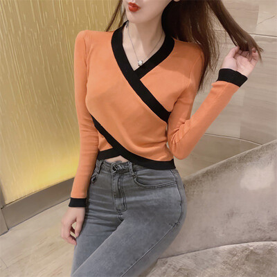 

Autumn Women V Collar Cross Fashion Korean Sweet Slim Sweater Solid Color Loose Long-sleeved Knitted Sexy Jumpers