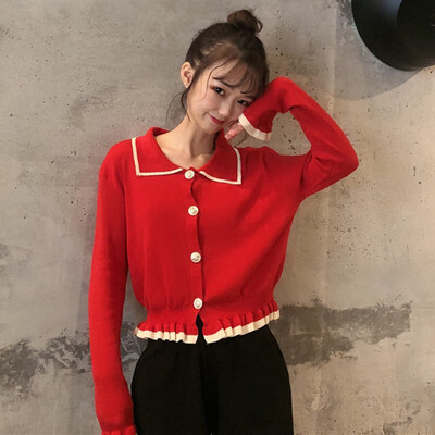 

Fashion New Lapel Ruffled Cardigan Stitching Long-sleeved Knit Sweater Women Button Cardigan