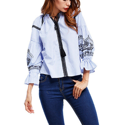 

2019 Summer Simple Elegant New Fashionable Design Loose Style Womens Shirt Ethnic Style Embroidery Lantern Sleeve Pullover