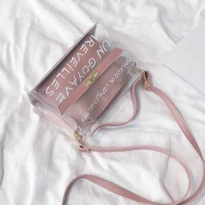 

Two-Piece Set Womens Transparent Pvc Shoulder Bag Clear Alphabet Jelly Bag Casual Handbag