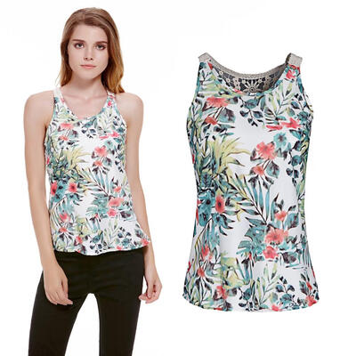 

Women New Fashion Sleeveless Tops Lace Printed Vest Hollow-out Tank Tops