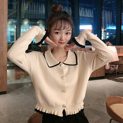 

Fashion New Lapel Ruffled Cardigan Stitching Long-sleeved Knit Sweater Women Button Cardigan