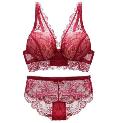 

Women Bra Sexy Lingerie Lace Embroidery Push Up With Steel Ring Gathering 34 Cup Bra Panties Set