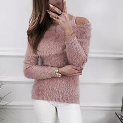 

Gobestart Women Solid Fluffy Sweater Jumper Cold Shoulder Long Sleeve Pullover Tops Blouse