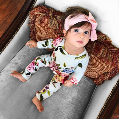 

New Baby Girls Clothes 3PCS Autumn Newborn Baby Girl Clothing Flower Printing Top Headband Pants Outfits Set